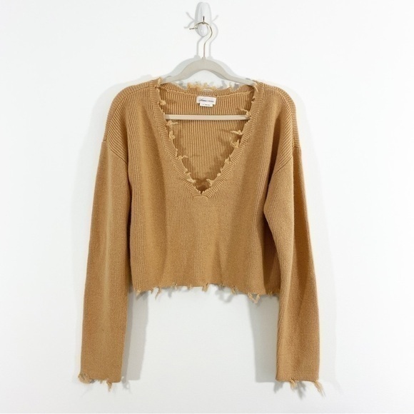 Lovers + Friends Revolve Camel Brown‎ Ribbed V Neck Sweater Distressed - Picture 1 of 9